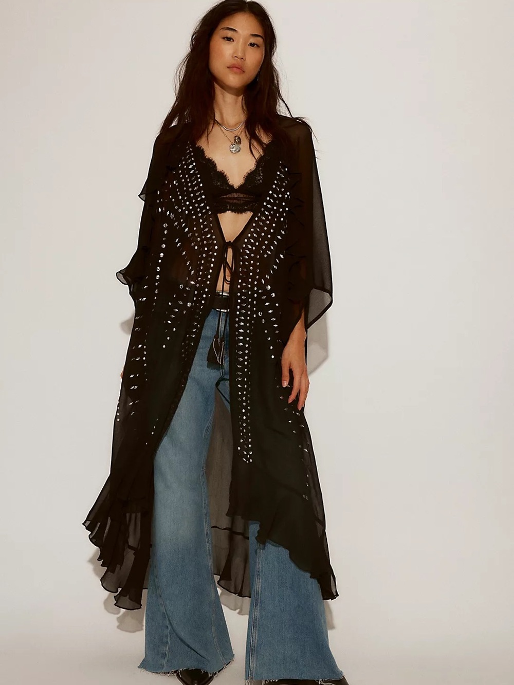 Free People Black Sheer Studded Duster Cover-Up